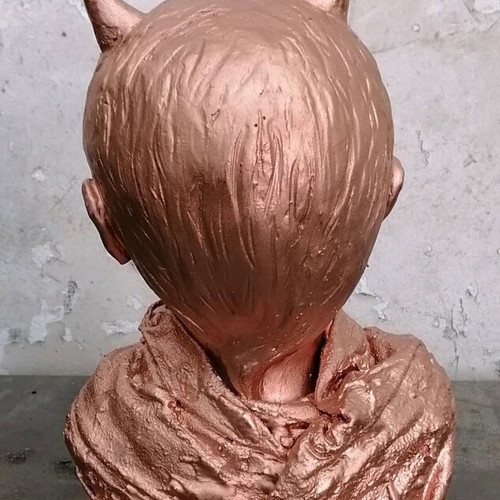 Handmade plaster sculpture with patina, figure with horns 25 cm