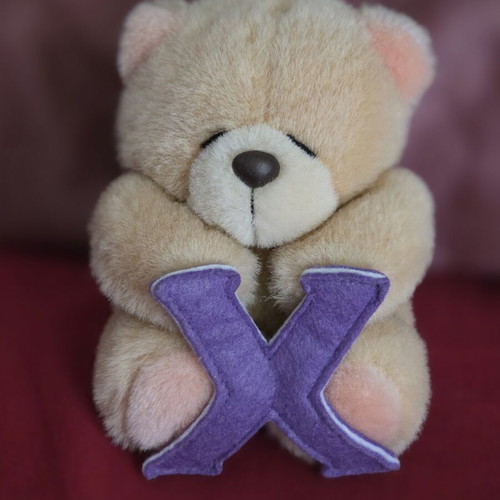 Hallmark Forever Friends teddy bear holding purple letter X