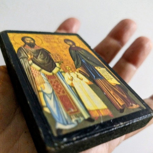Wooden Orthodox icon used with Saint Raphael, Saint Nicholas & Saint Irene