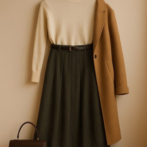 Long pleated skirt in dark khaki wool fabric like new