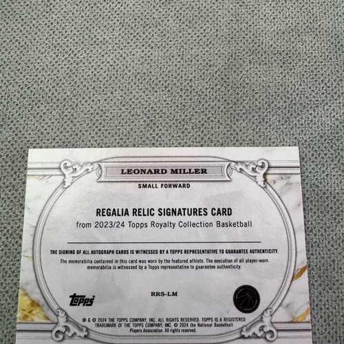 2023-24 Topps Royalty Collection Leonard Miller Rookie Card with Auto and Worn Patch