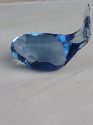Handmade blown glass whale paperweight, blue