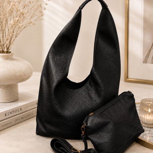 Black Hobo Bag Set with Matching Pouch new