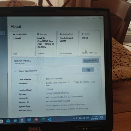 Dell Latitude D530 laptop used, SSD 112GB, Windows 10 Pro