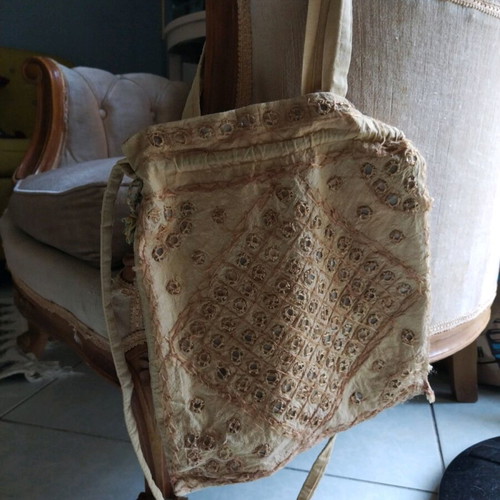 Boho/ethnic fabric embroidered bag-pouch used, beige