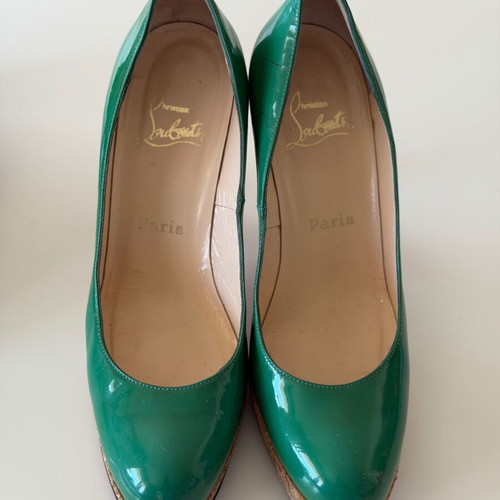Christian Louboutin green patent leather pumps size 38 used with cork heel