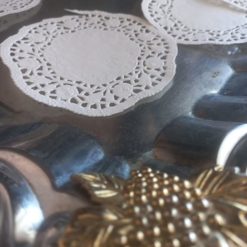 Vintage metal serving tray with gold grapes and 12 paper coasters used