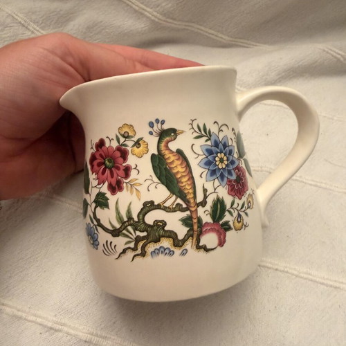 Purbeck Ceramics milk jug vintage, used, hand-painted peacock design