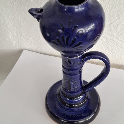 Handmade ceramic oil lamp with Sifnos style, cobalt blue, like new