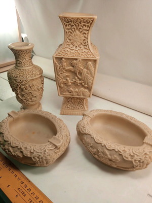 Cinnabar set of four embossed Asian art vases and ashtrays like new