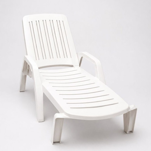 Outdoor garden set with 2 plastic sun loungers, 3 metal stools, and table new