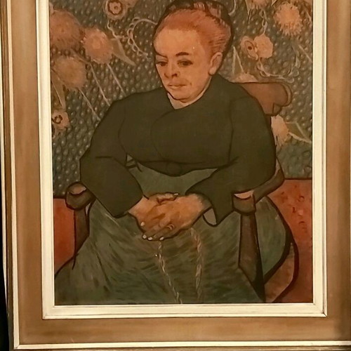 Canvas painting copy portrait of Paul Gauguin used with vintage wooden frame 70s