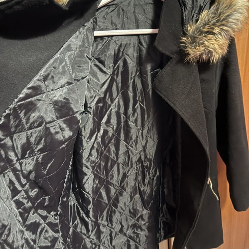Black coat with hood used, size XL, fur trim