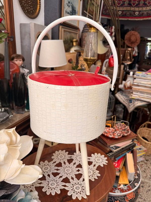 Vintage sewing stool used, 1960s eco leather design