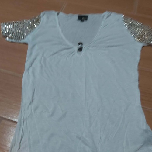 Roberto Cavalli vintage white T-shirt with sequined sleeves and glam neckline, like new