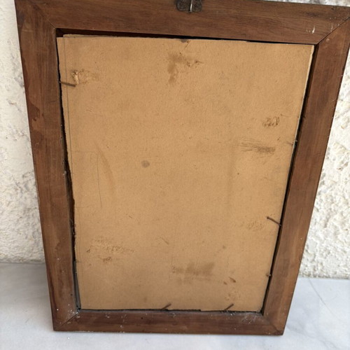Vintage painting with wooden frame used, landscape with lake and boat