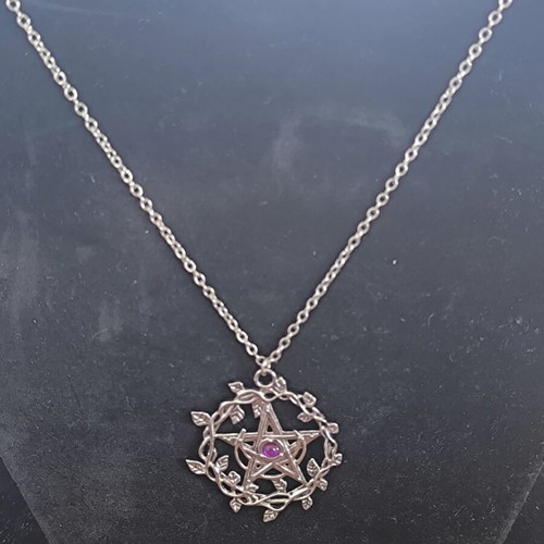 Pentagram Necklace with Purple Stone and Leaf Design new