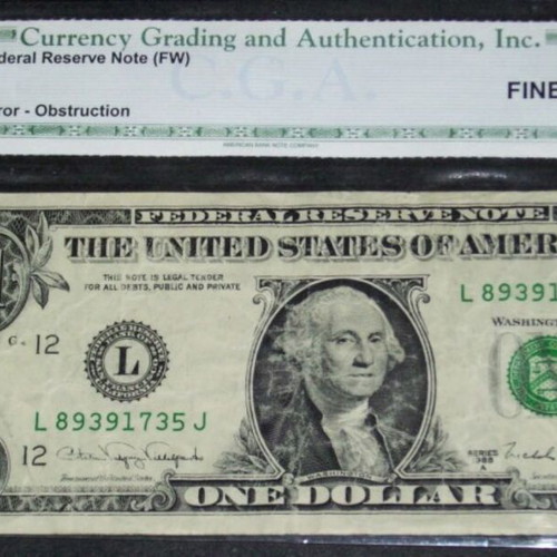 1988 A $1 Federal Reserve Note FW error used, obstruction