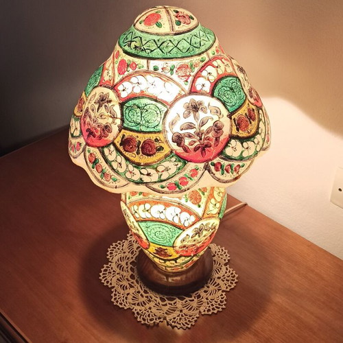 Vintage table lamp handmade from camel leather and wood, used