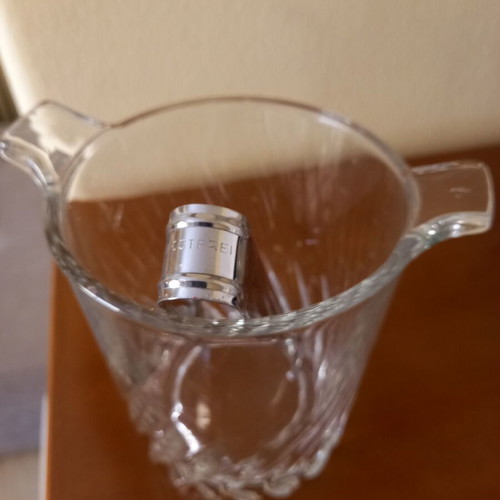 Vintage glass ice bucket with embossed design and metal tongs like new