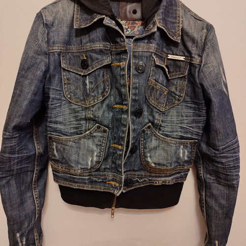 Fracomina women's crop denim jacket with hood used, blue
