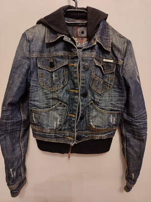 Fracomina women's crop denim jacket with hood used, blue