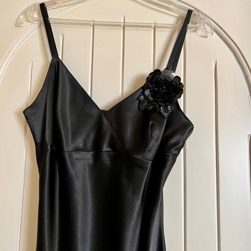 Satin dress asymmetrical used, black with flower detail