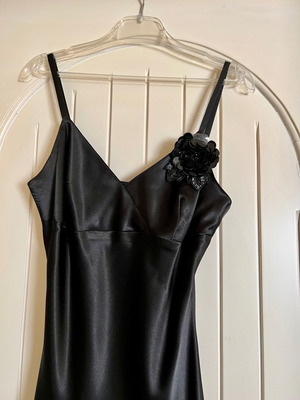 Satin dress asymmetrical used, black with flower detail