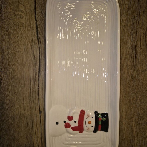 Christmas ceramic platter white with snowman like new