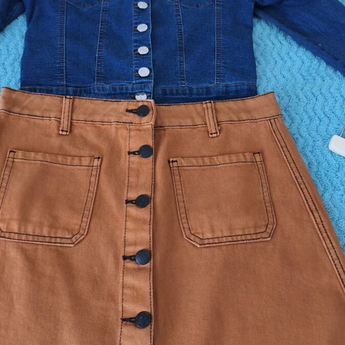 Mini denim skirt brown brick and denim top like new