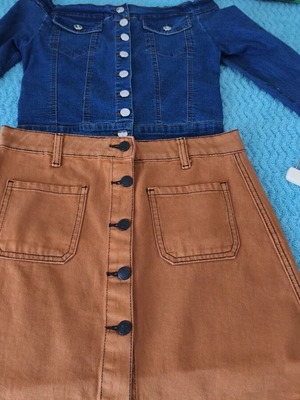 Mini denim skirt brown brick and denim top like new