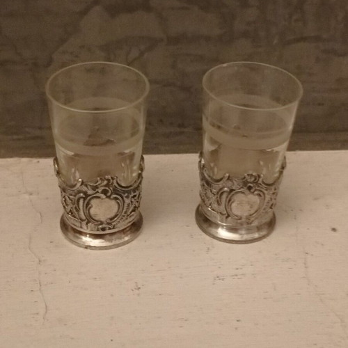 Vintage liqueur glasses set of 2 with ornate pewter holders like new