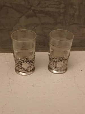 Vintage liqueur glasses set of 2 with ornate pewter holders like new