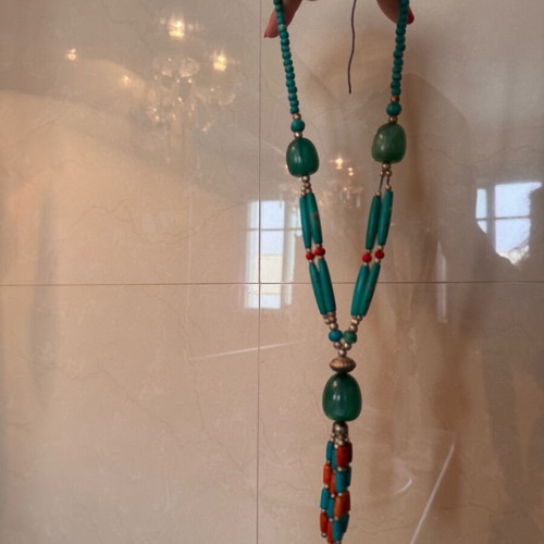 Long necklace with turquoise and red beads like new