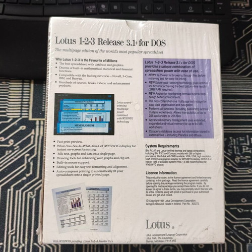Lotus 1-2-3 Release 3.1+ for DOS vintage sealed software