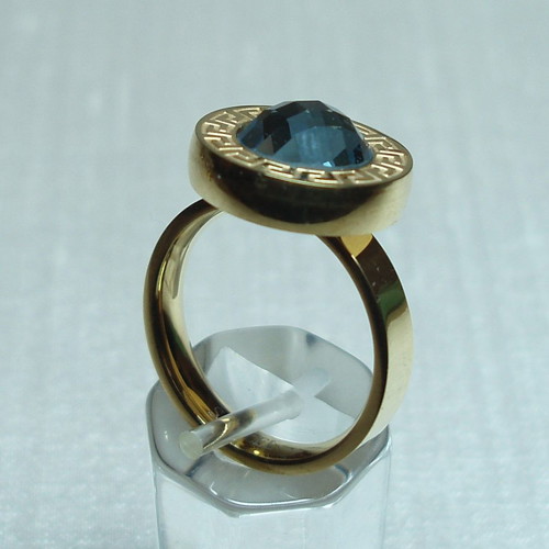 Ring steel gold plated with blue crystal new