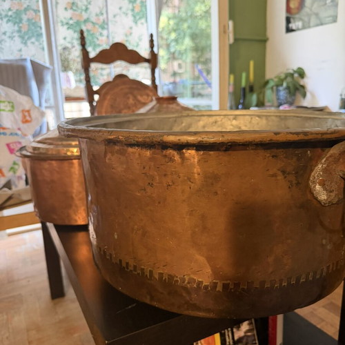 Copper cookware collection like new with embossed Justice decorative plate