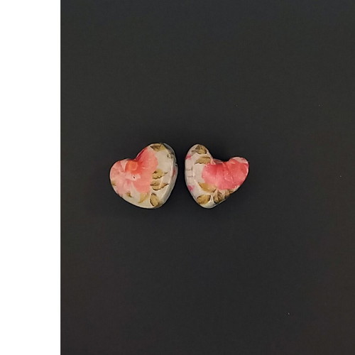 Handmade ceramic heart earrings with decoupage and glass coating, new