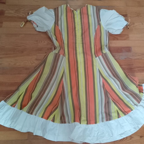 1970s striped dress with bib front and puff sleeves used