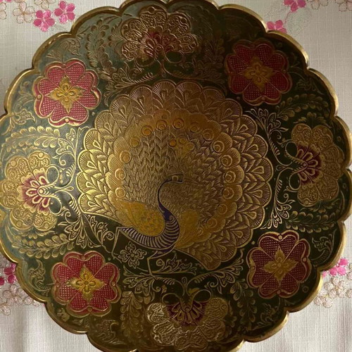 Vintage handmade bowl with peacock design like new