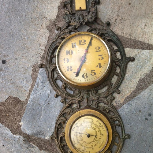 Barometer Hygrometer Thermometer Clock vintage used, brass hanging weather station