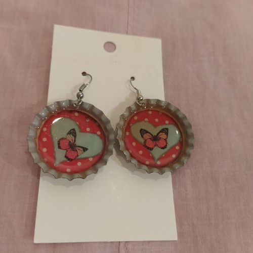 Earrings new red and white polka dot with heart and butterfly