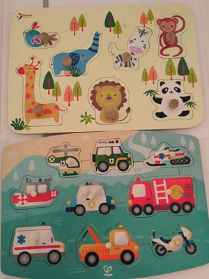 Wooden puzzles Hape and Classic World like new, with handles for small hands