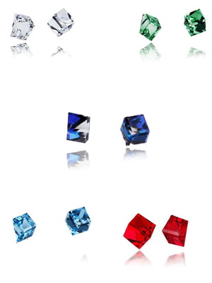 Crystal cube earrings new, pack of 3 pairs, light blue and green