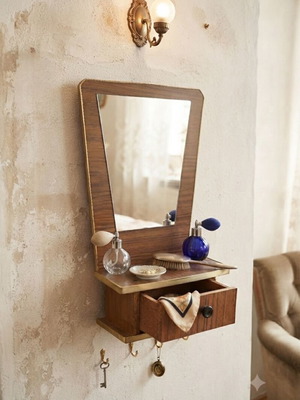 Vintage mirror with drawer midcentury, used, 43 cm height