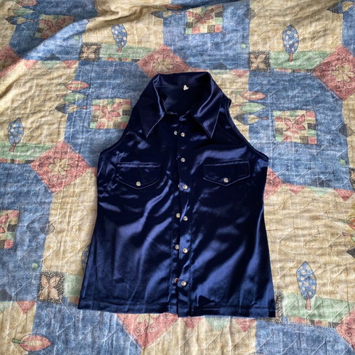 90s vintage navy satin sleeveless shirt fitted vest new