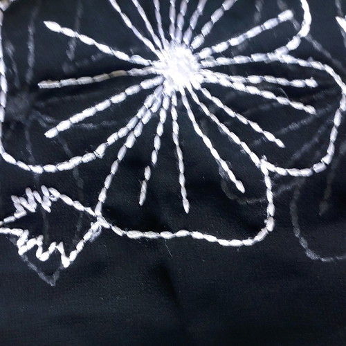 Women's pareo like new with black silk fabric and embroidered white flowers