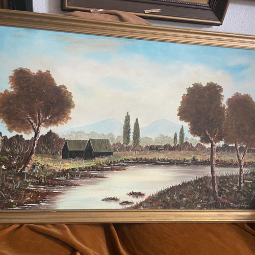 Painting with earthy colors in wooden frame, excellent condition