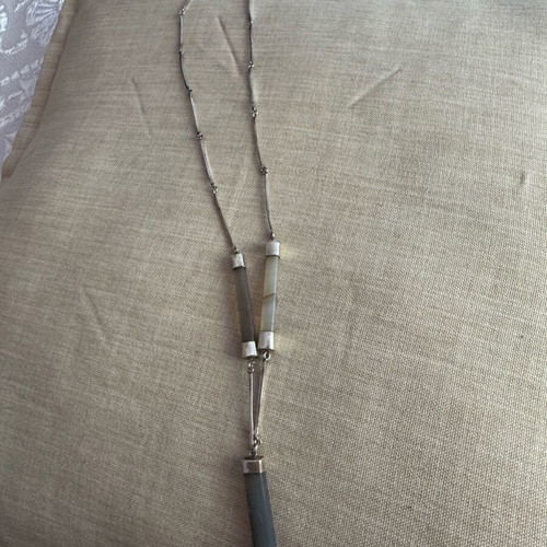 Silver pendant with precious stones in gray ciel, 60 cm like new
