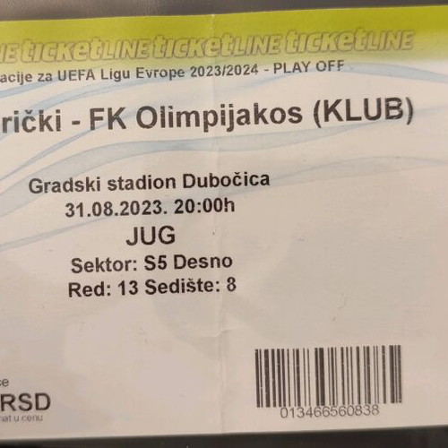 FK Cukaricki - Olympiakos 0-3 ticket used, Europa League qualifiers 31/8/23